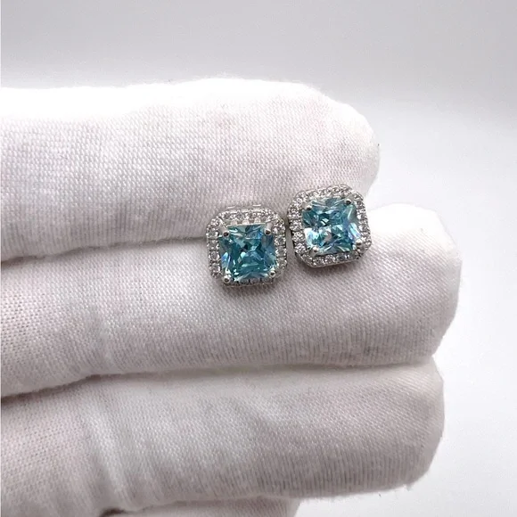 .925 Sterling Silver Halo Cushion Cut Simulated Aquamarine Cz Earrings - Picture 3 of 12